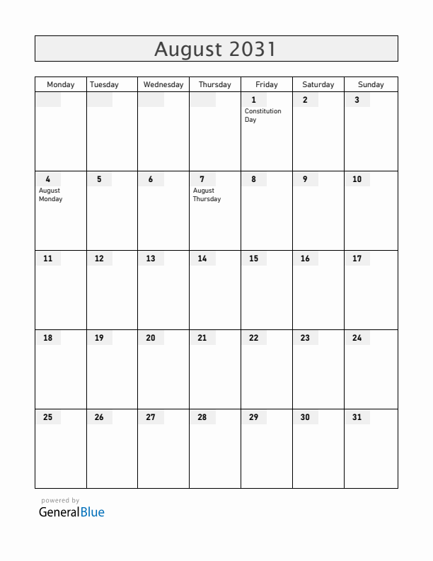 Anguilla August 2031 Calendar with Holidays