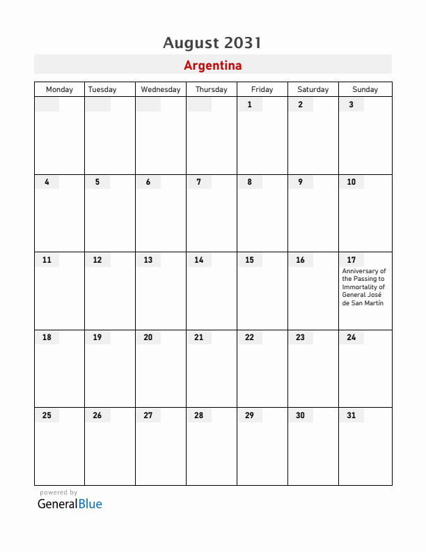 Argentina August 2031 Calendar with Holidays
