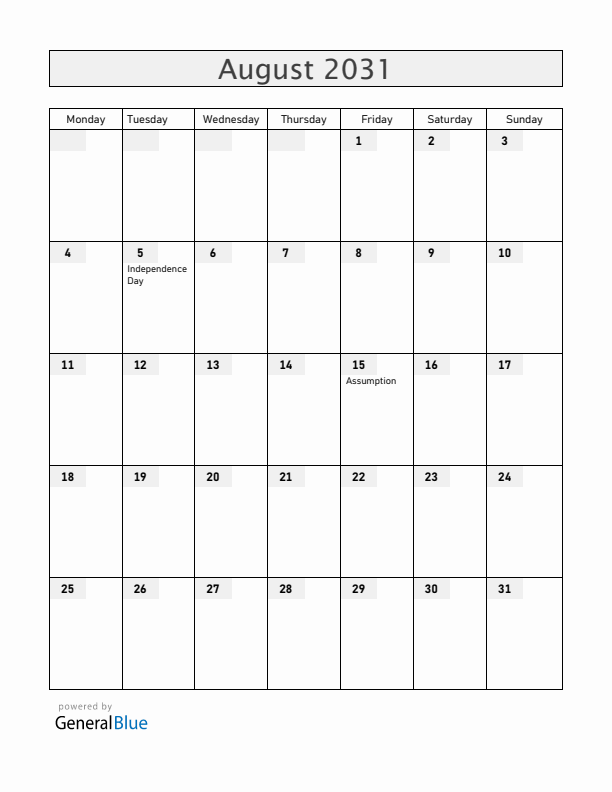 Burkina Faso August 2031 Calendar with Holidays