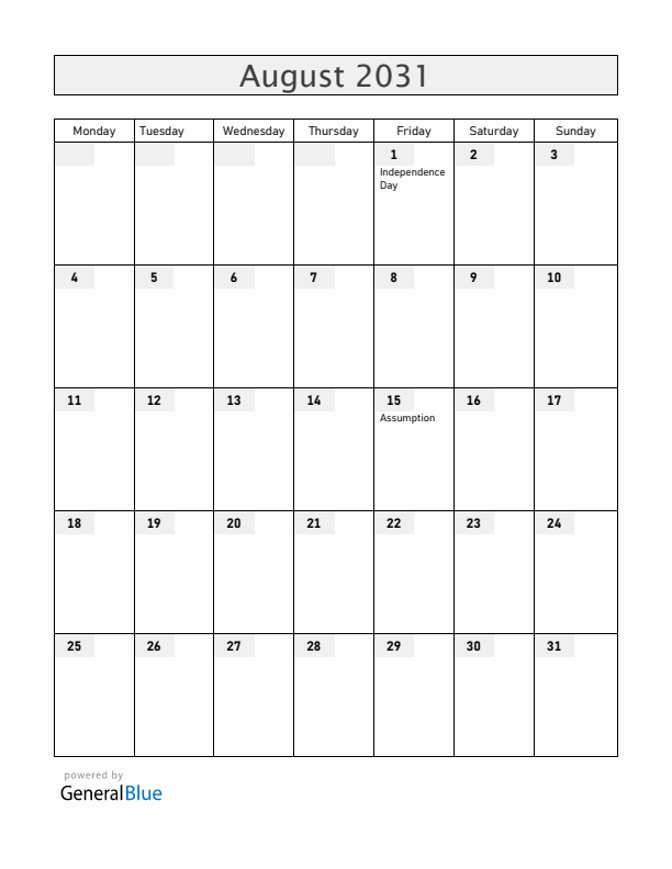 Benin August 2031 Calendar with Holidays