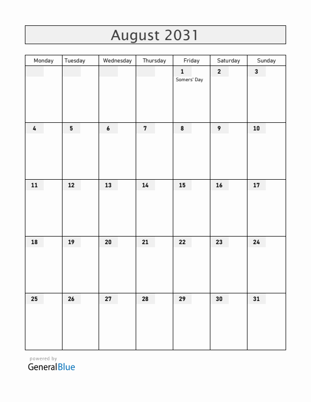 Bermuda August 2031 Calendar with Holidays