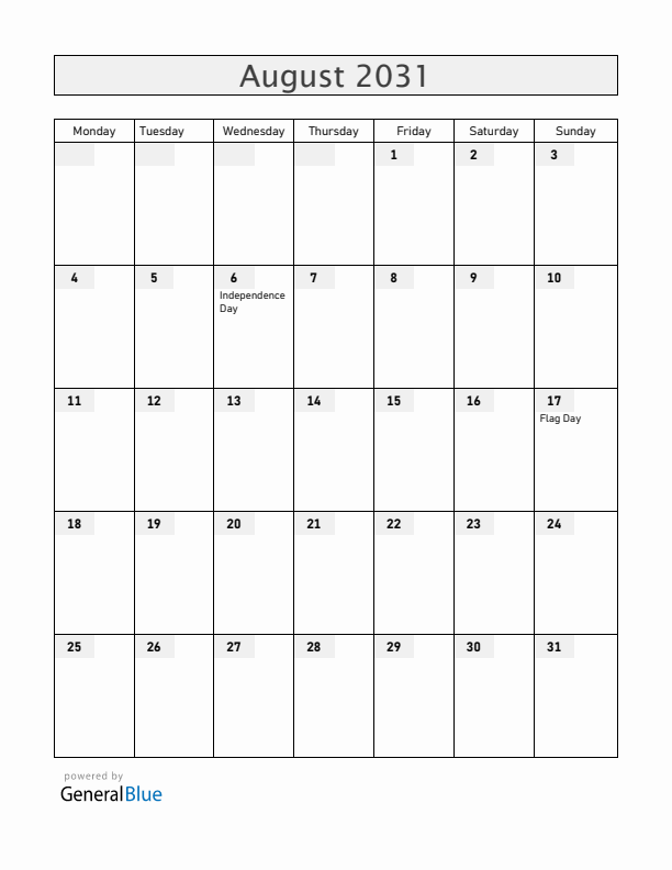Bolivia August 2031 Calendar with Holidays