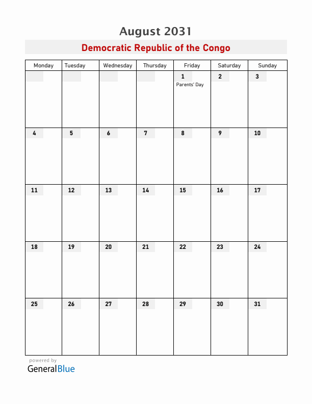 Democratic Republic of the Congo August 2031 Calendar with Holidays