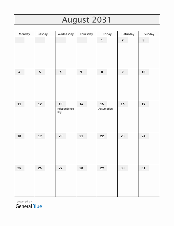 Central African Republic August 2031 Calendar with Holidays