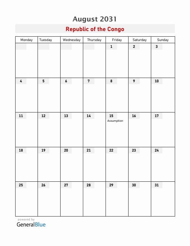 Republic of the Congo August 2031 Calendar with Holidays