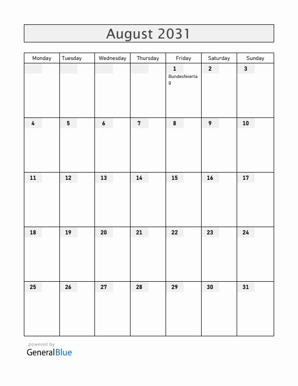 Switzerland August 2031 Calendar with Holidays