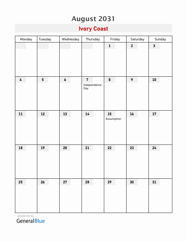 Ivory Coast August 2031 Calendar with Holidays