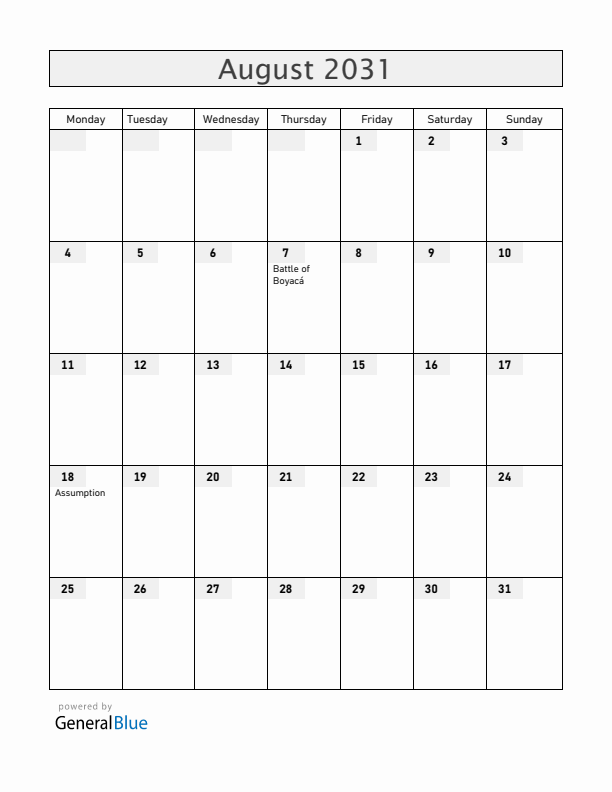 Colombia August 2031 Calendar with Holidays
