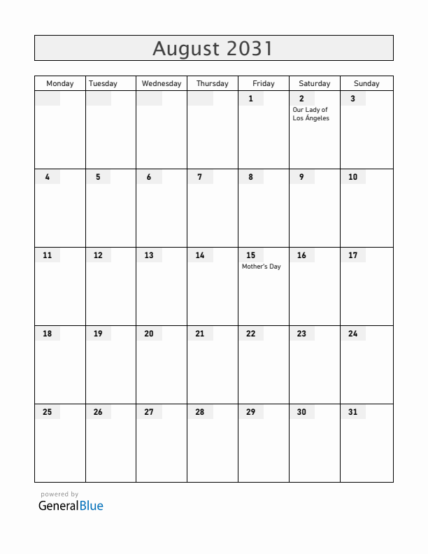 Costa Rica August 2031 Calendar with Holidays
