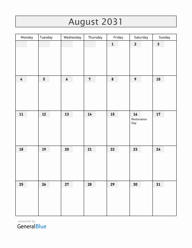 Dominican Republic August 2031 Calendar with Holidays
