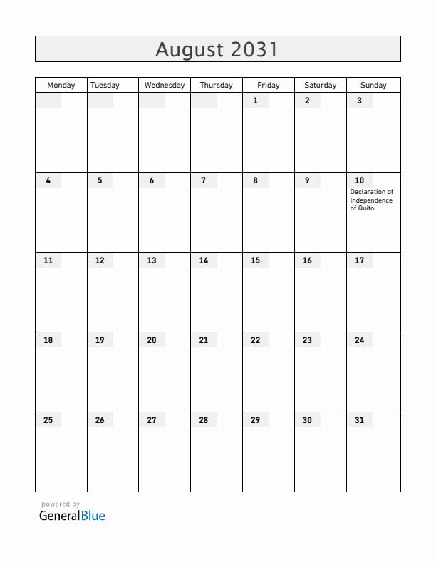 Ecuador August 2031 Calendar with Holidays