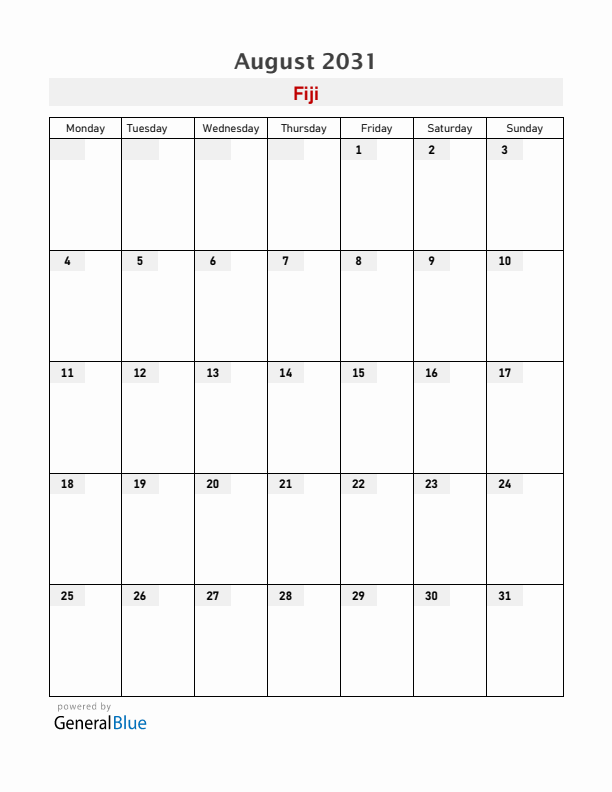 Fiji August 2031 Calendar with Holidays