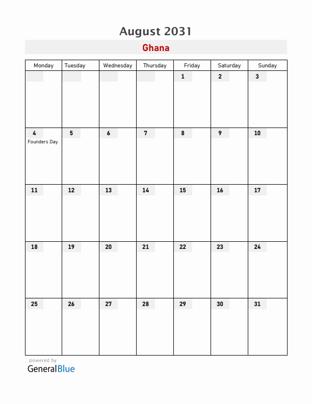 Ghana August 2031 Calendar with Holidays