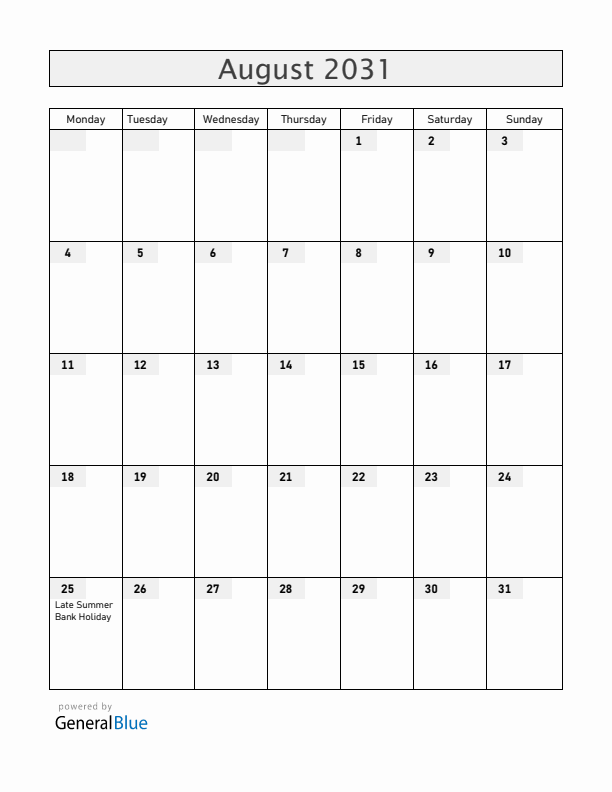 Gibraltar August 2031 Calendar with Holidays