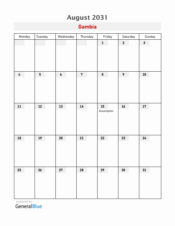 Gambia August 2031 Calendar with Holidays