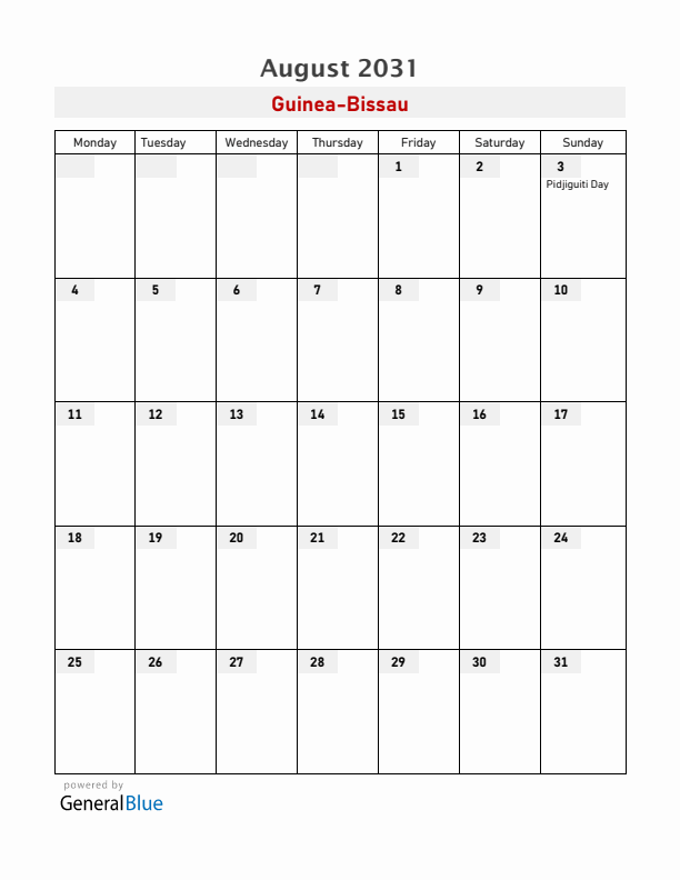 Guinea-Bissau August 2031 Calendar with Holidays