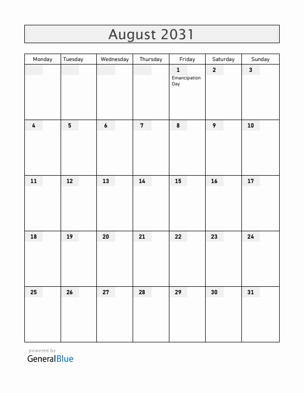 Guyana August 2031 Calendar with Holidays