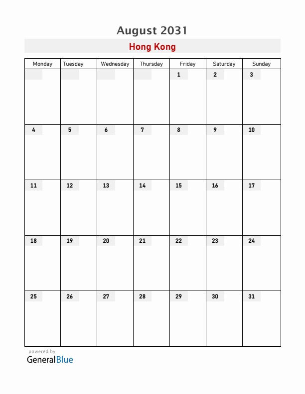 Hong Kong August 2031 Calendar with Holidays