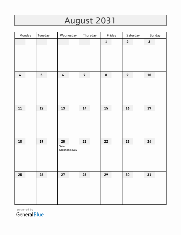 Hungary August 2031 Calendar with Holidays