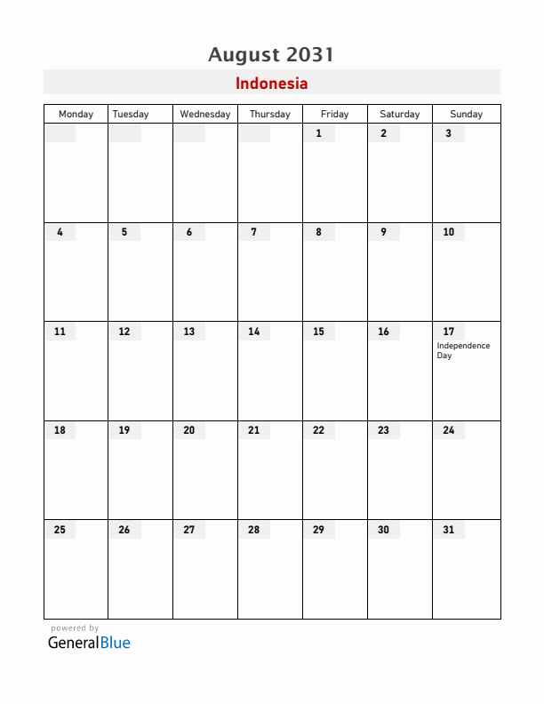 Indonesia August 2031 Calendar with Holidays