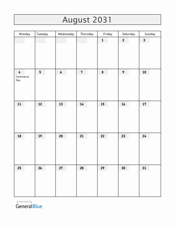 Iceland August 2031 Calendar with Holidays