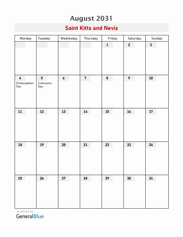 Saint Kitts and Nevis August 2031 Calendar with Holidays
