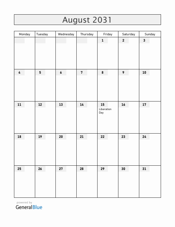 South Korea August 2031 Calendar with Holidays