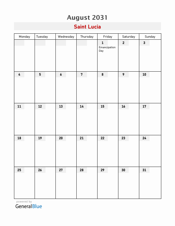 Saint Lucia August 2031 Calendar with Holidays