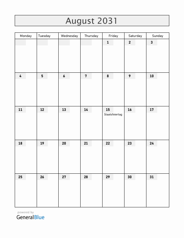 Liechtenstein August 2031 Calendar with Holidays