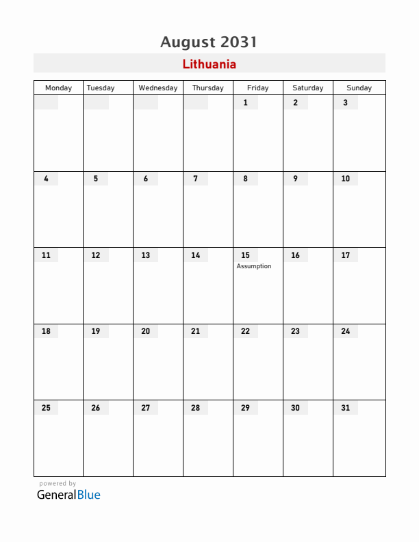 Lithuania August 2031 Calendar with Holidays