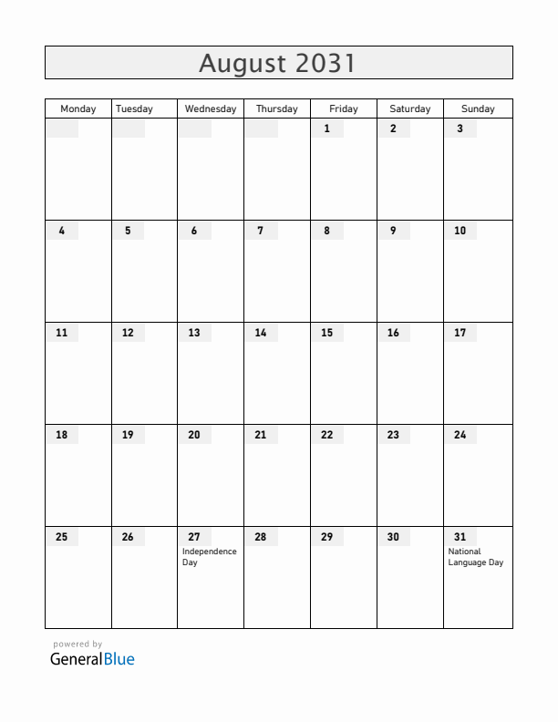 Moldova August 2031 Calendar with Holidays