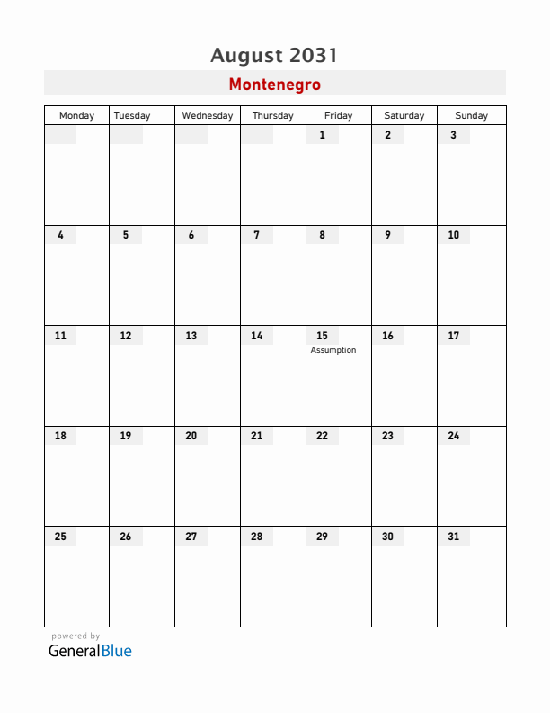 Montenegro August 2031 Calendar with Holidays