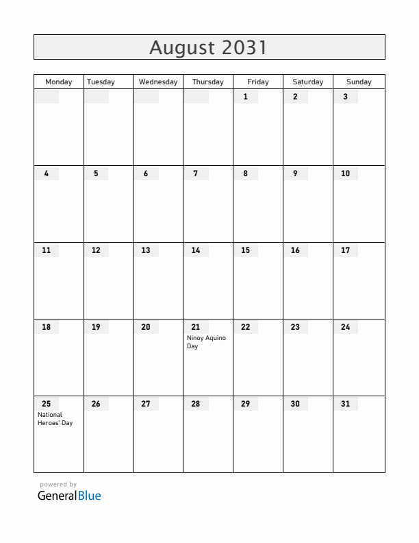 Philippines August 2031 Calendar with Holidays
