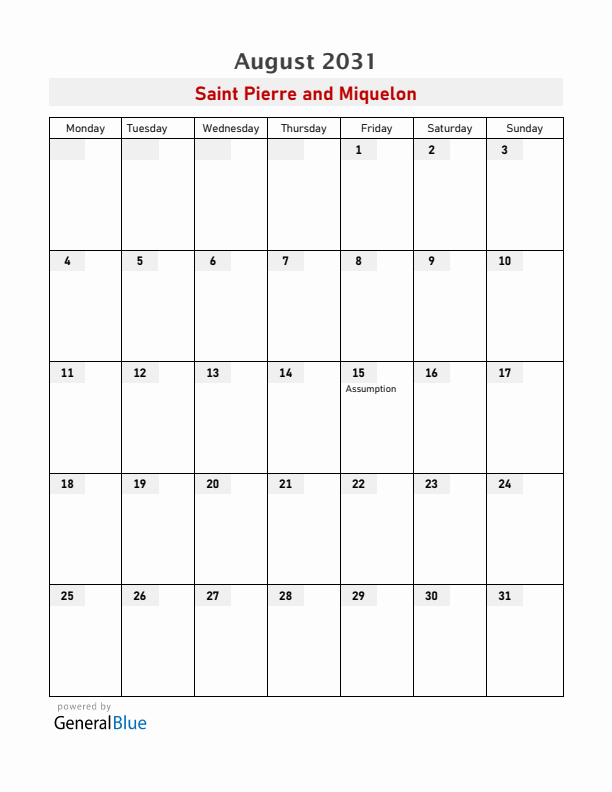 Saint Pierre and Miquelon August 2031 Calendar with Holidays