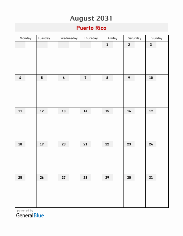Puerto Rico August 2031 Calendar with Holidays