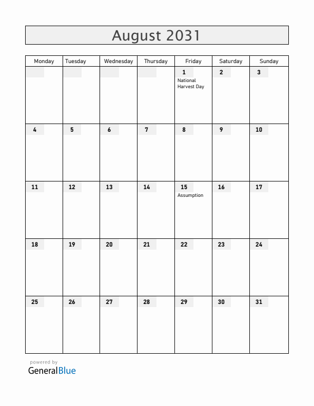 Rwanda August 2031 Calendar with Holidays