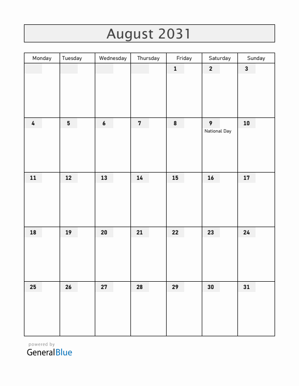 Singapore August 2031 Calendar with Holidays