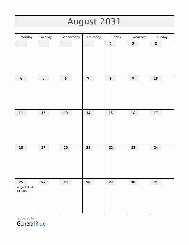 Saint Helena August 2031 Calendar with Holidays
