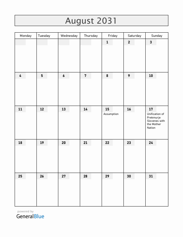 Slovenia August 2031 Calendar with Holidays