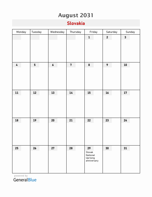 Slovakia August 2031 Calendar with Holidays