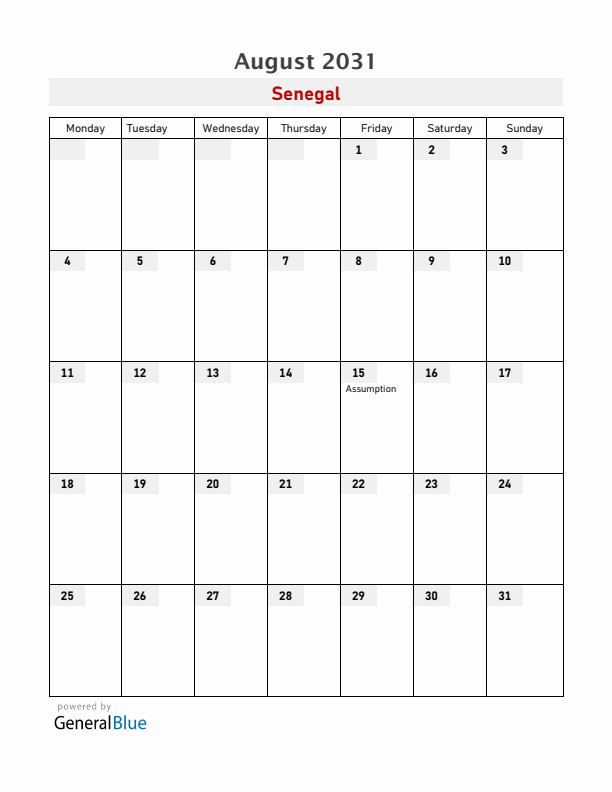 Senegal August 2031 Calendar with Holidays