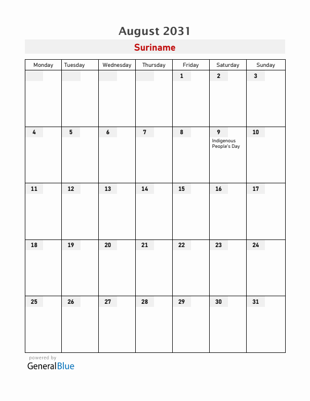 Suriname August 2031 Calendar with Holidays