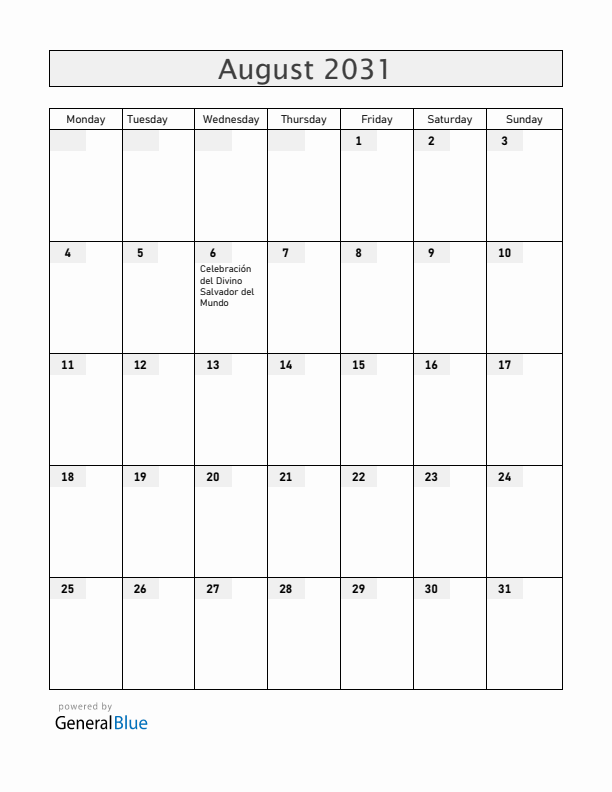 El Salvador August 2031 Calendar with Holidays