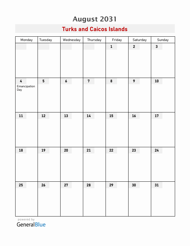 Turks and Caicos Islands August 2031 Calendar with Holidays