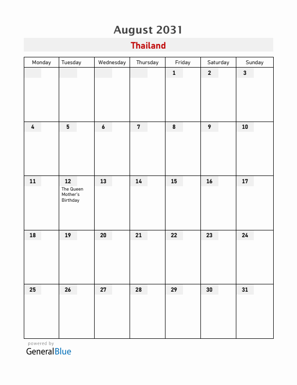 Thailand August 2031 Calendar with Holidays