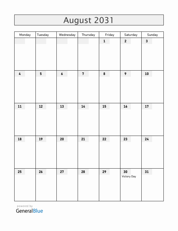 Turkey August 2031 Calendar with Holidays
