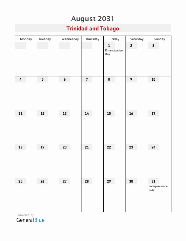 Trinidad and Tobago August 2031 Calendar with Holidays