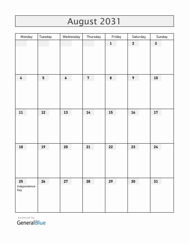 Uruguay August 2031 Calendar with Holidays