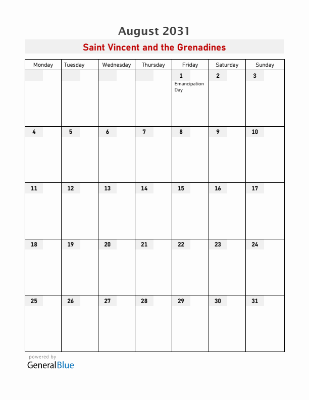 Saint Vincent and the Grenadines August 2031 Calendar with Holidays