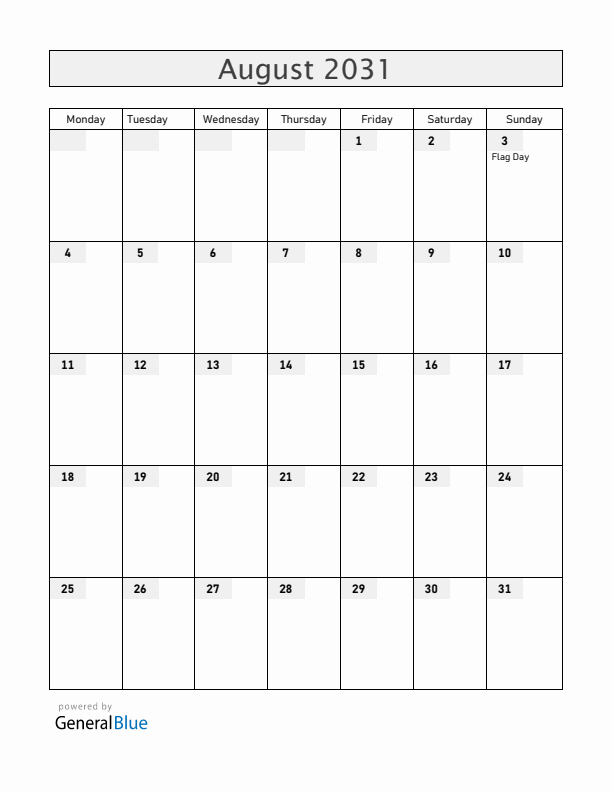 Venezuela August 2031 Calendar with Holidays